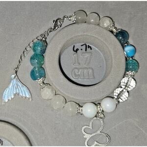 White Blue Wire Beaded Bracelet w Butterfly and Mermaid Tail Dangle Charms #763
